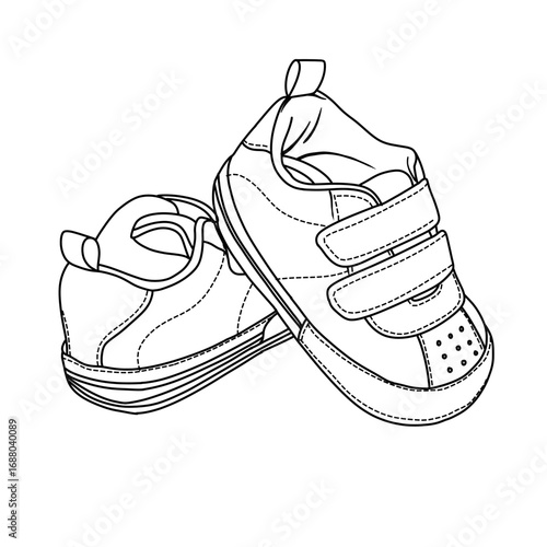 Detailed line art illustration of two baby shoes, one slightly overlapping the other, featuring rounded toes and velcro straps.