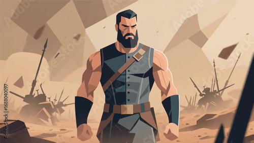 Illustration of Man in Spartan Armor with Ancient Background Design Template