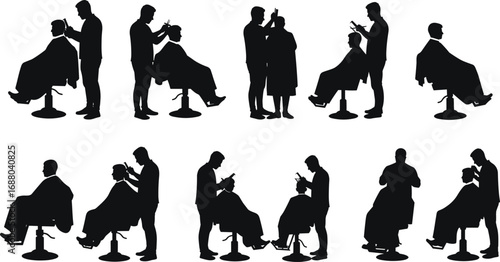 Vector silhouettes of barber cutting hair and styling clients in various barber shop scenes with professional hairstylist tools and chairs