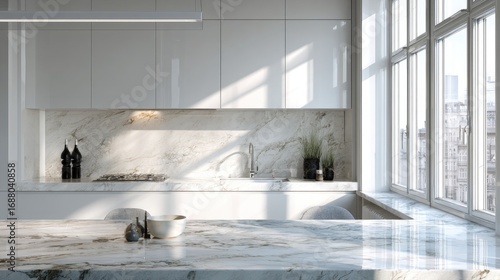 minimal interior design, modern white kitchen, sleek marble countertop, sunlight through large window, ultra clean aesthetic, Scandinavian style, realistic photography 
