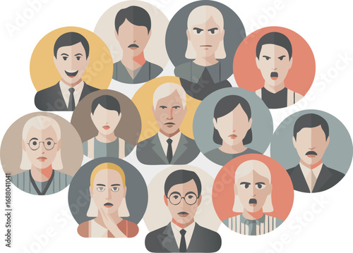 Diverse Flat Illustration of Faces Expressing Range of Emotions Encapsulated in Colorful Circles