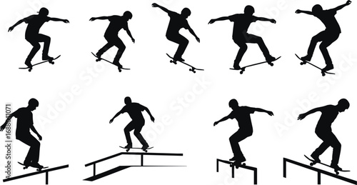 Vector silhouette of skateboarder performing tricks, jumps, grinds on rails and ramps, showing extreme sports, urban lifestyle, and youth culture