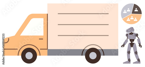 Delivery truck accompanied by humanoid robot and a pie chart concept. Ideal for automation, logistics, technology, transportation, robotics, innovation, workforce shift ideas. Simple flat metaphor