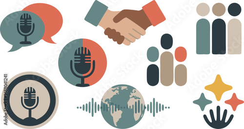 Diverse Graphics Showcasing Podcast, Global Communication, Collaboration, and Support with Earth Tones