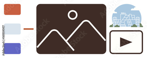 Mountains inside a frame, color palette, futuristic building outline, play button. Ideal for content creation, digital media, architecture, multimedia design, entertainment branding simple flat