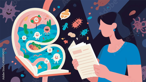 Illustration of Woman Reading a Book with Microscopic Gut Landscape Design Template with Science Background