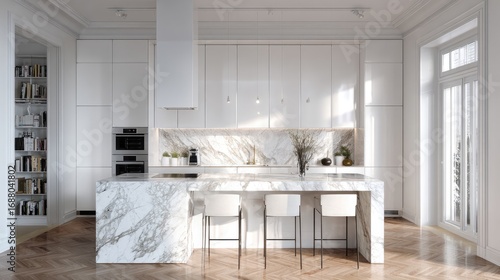 minimal Scandinavian white kitchen, elegant simplicity, oak flooring, marble accents, ultra realistic photography 