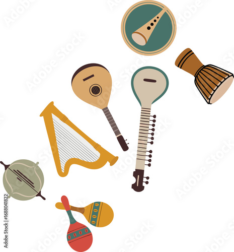 Diverse Musical Instruments Illustration Harp, Mandolin, Sitar, Maracas, Drum, and Clarinet Set on White