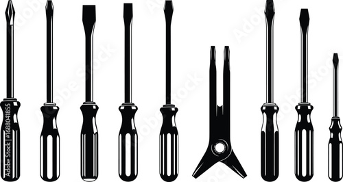 Vector illustration of various screwdrivers and specialized hand tools, including flathead, Phillips, spudger, prying tool for repair and maintenance