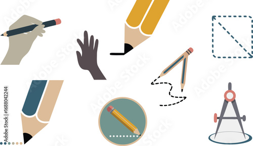 Drawing and Drafting Tools Pencils, Compass, Hand and Geometric Shapes Illustration Art