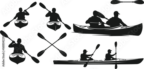 "Kayaking silhouette vector set with single and double paddlers, paddle icons, water sport poses for outdoor and adventure design"