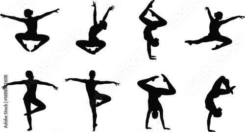 "Yoga and dance silhouette vector set showing flexible poses, balance, strength, and expressive movement for fitness and artistic design"