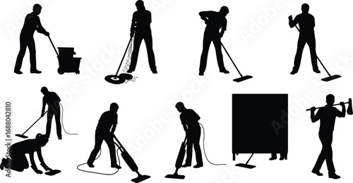 Vector illustration of people cleaning with mop, bucket, vacuum cleaner, and other cleaning tools in various silhouettes and poses