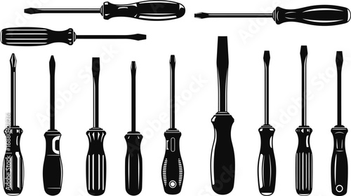 Vector illustration of various flathead and Phillips screwdrivers set, hand tools with different handle designs for repair maintenance
