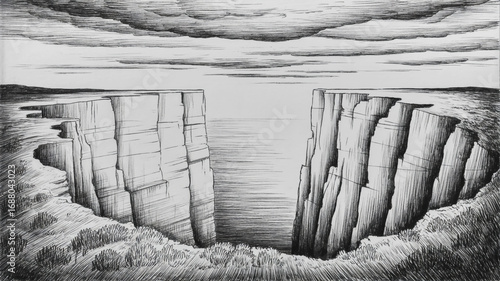 A black and white pencil sketch of dramatic sea cliffs viewed from ground level.