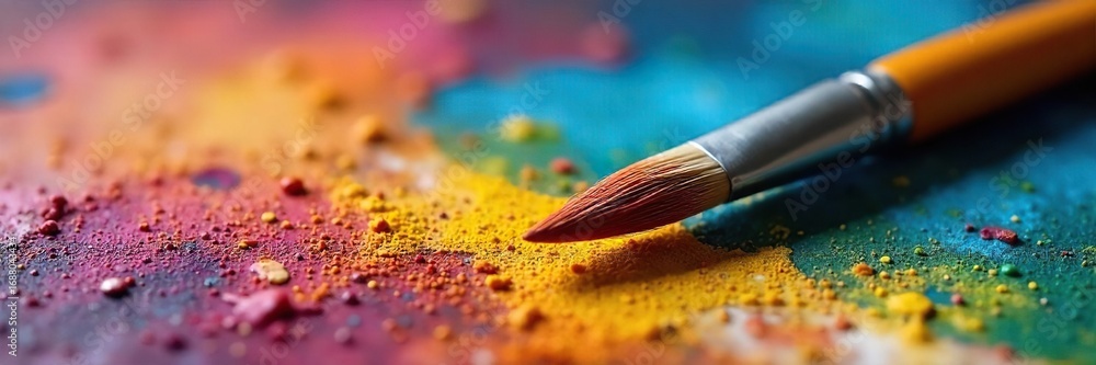 Fototapeta premium Close-up of a paintbrush resting on a palette, surrounded by vibrant tubes of oil paint Ready for the next stroke of artistic genius Beautiful texture and color , details, color palette, creation