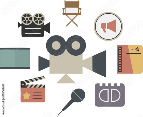 Film Industry Icons Cameras, Megaphone, Clapperboard, Ticket, Microphone, and Film Roll Design