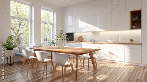 Wallpaper Mural minimalist interior kitchen, Scandinavian influence, white cabinetry, oak wood dining table, realistic natural lighting  Torontodigital.ca