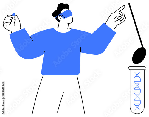 Researcher wearing augmented reality glasses interacts with test tube containing DNA strand, advancing biotechnology and innovation. Ideal for science, education, innovation, technology, research