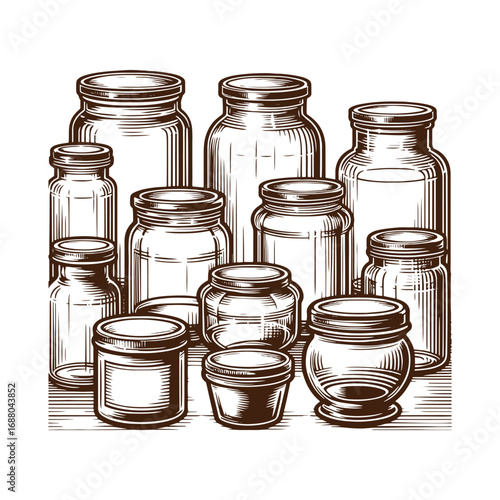Black and White Vector Illustration of Vintage Glass Jars with Lids on a Counter