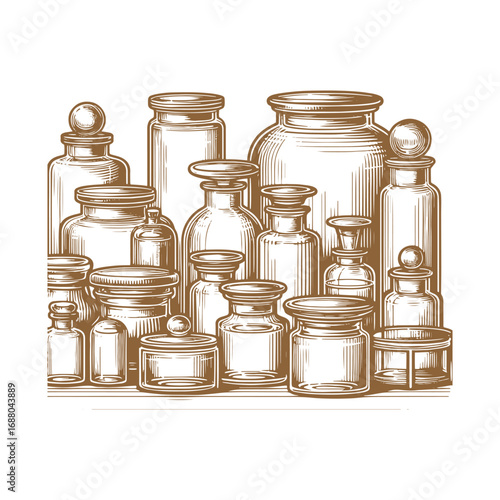 Black and White Vector Illustration of Vintage Glass Jars with Lids on a Counter