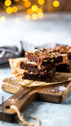 Stacked brownies on parchment