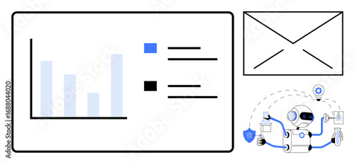 Robot analyzing email campaigns with statistics and charts. Automation, efficiency, data insight, AI workflow, communication, marketing strategy, and security. Ideal for automation in simple flat