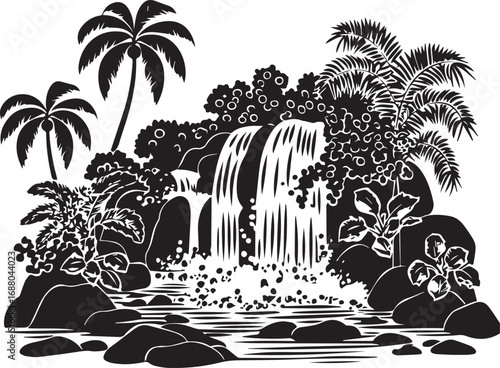 Tropical Paradise Silhouette: An artistic silhouette showcases a tranquil tropical paradise, with a cascading waterfall and lush vegetation. The scene evokes feelings of peace and tranquility.