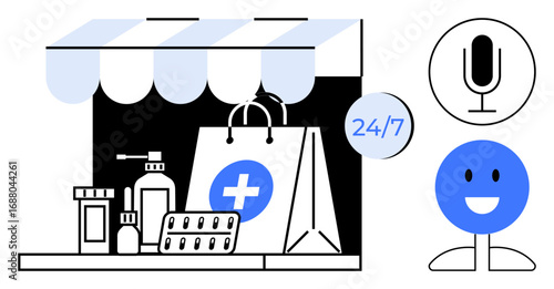 Pharmacy storefront with medicines, packaging, 247 sign, microphone symbol, chatbot interface. Ideal for healthcare, online shopping, delivery, convenience support digital apps simple landing page