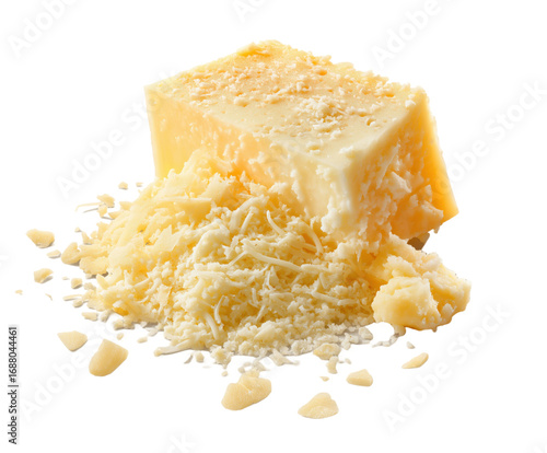Fresh parmesan cheese block and shavings ready for gourmet cooking and culinary creations