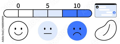 Horizontal feedback slider marked with 0, 5, 10 three emotion faces representing emotions happy, neutral, sad abstract bean shape and profile card. Ideal for feedback, survey, user interaction
