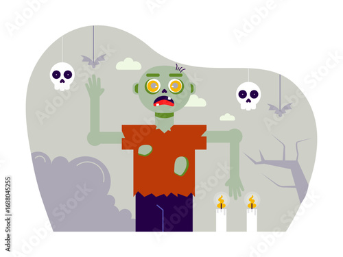 Man dressed as a zombie for Halloween costume party. Trick or treat vector illustrations. Flat vector illustrations packs.