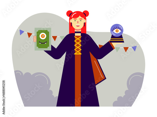 Woman dressed as a fortune teller for Halloween costume party. Trick or treat vector illustrations. Flat vector illustrations packs.