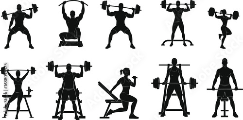 Silhouettes of men and women lifting barbells in gym exercises, weight training, powerlifting, squats, and strength workout poses