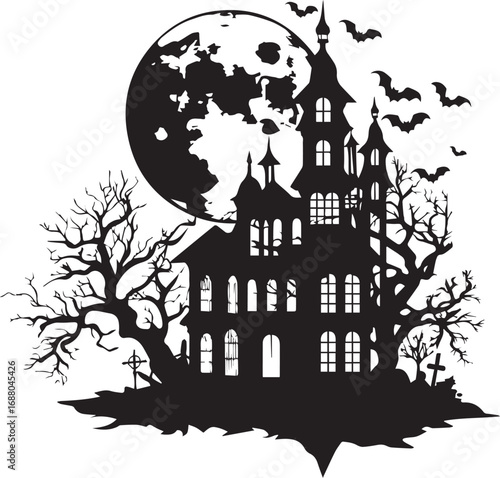 Spooky Halloween Scene: A silhouetted haunted house against a full moon, accompanied by bats and spooky trees creating a chilling visual, perfect for the Halloween season.