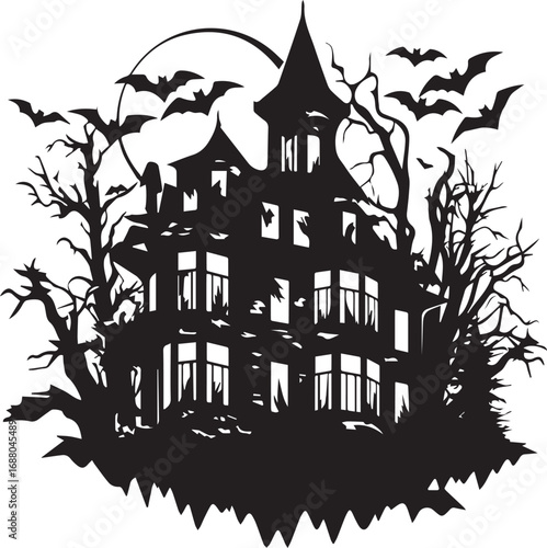 Spooky Manor at Dusk: Silhouette of a menacing, weathered mansion against a backdrop of a full moon and circling bats, creating a haunting atmosphere perfect for the Halloween season.