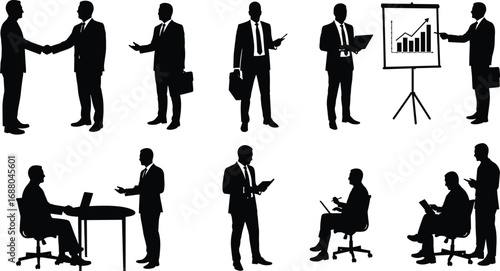 Silhouettes of business people shaking hands, discussing, presenting graphs, working on laptops, collaborating in office, teamwork, corporate communication, professional meeting, success
