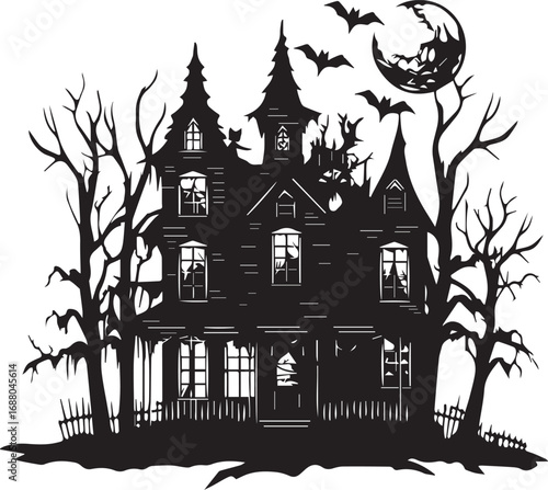 Spooky Manor Silhouette: A chilling silhouette of an old haunted house against a full moon, casting an eerie glow as bats flutter about.