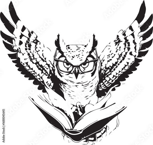 Wise Owl Reading: A detailed grayscale illustration of a wise owl perched, wearing glasses and holding an open book, symbolizing knowledge and wisdom. 