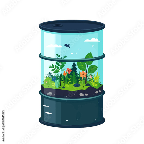 Pixel Art Depicting Nature Inside a Repurposed Dark Blue Metal Barrel with Sky and Clouds Environment Concept Illustration