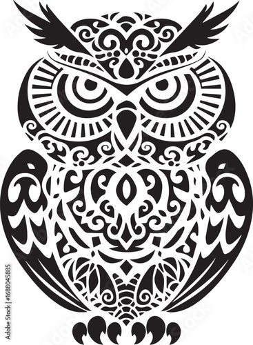 Owl Illustration: A detailed illustration of an owl, the majestic symbol of wisdom, artfully rendered in striking black and white. Featuring elaborate patterns and intricate designs.
