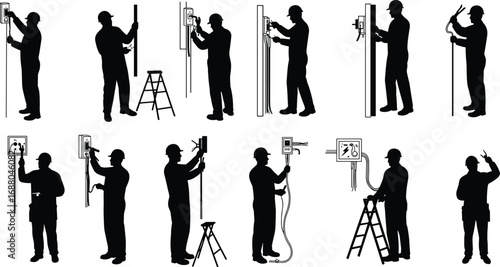 Silhouette vector of electricians installing, wiring, and inspecting electrical panels and systems in construction or industrial safety work environments.