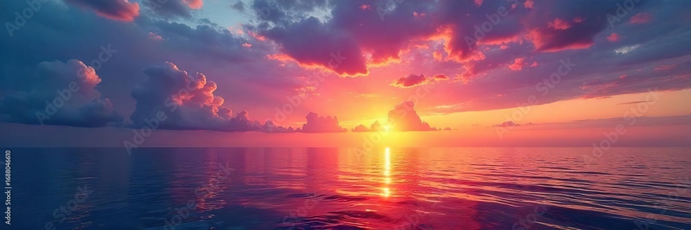 Obraz premium Spectacular sunset over a tranquil ocean, vibrant colors painting the sky and water Perfect for travel, nature, and serenity themes , beautiful, calm