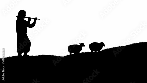 Silhouette of shepherd playing flute with two sheep on a grassy hill against a white background landscape