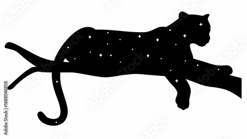 Silhouette of a panther lying on a branch with stars inside its body in a black and white illustration