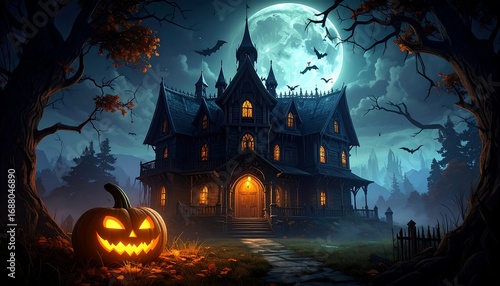 Spooky haunted house at night