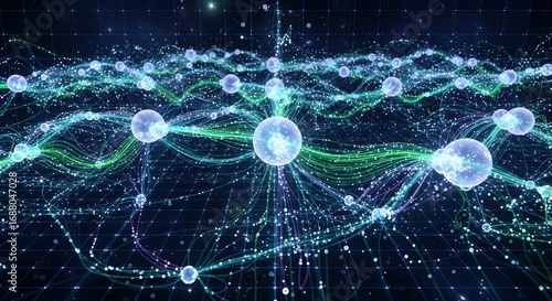 Abstract visualization of a complex digital network with glowing nodes and interconnected data streams.