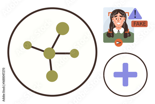 Green network diagram, facial recognition with fake alert, and purple cross icon. Ideal for technology, AI, digital identity, deepfake detection, data security connectivity analysis. Simple flat