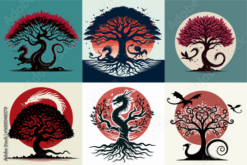 dragon tree set vector illustration