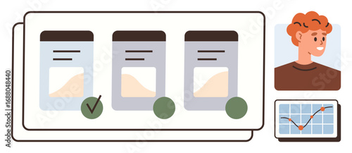 Report cards compared with icons for approval, avatar representing user, and line chart showing progress. Ideal for analytics, reporting, data management, collaboration, profile management